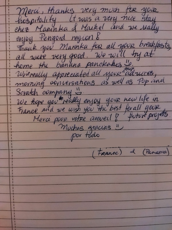 Geschreven reactie in het gastenboek