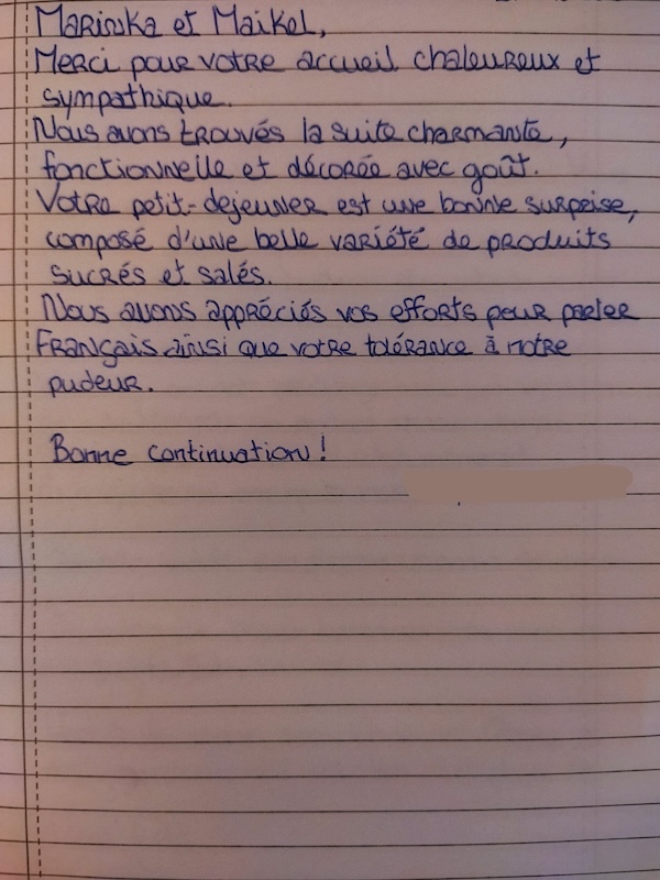 Geschreven reactie in het gastenboek